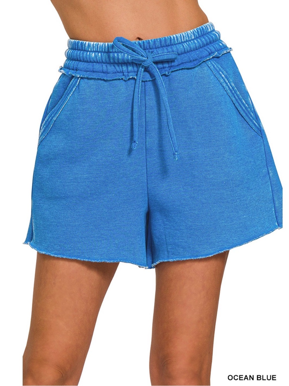 Ocean Blue Women's ACID WASH FLEECE DRAWSTRING SHORTS WITH POCKETS. NWOT